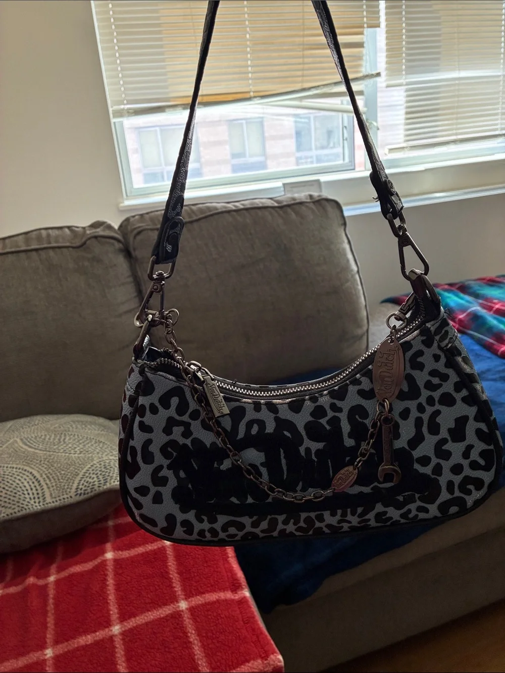 Von Dutch Black and Gray Leopard-Print Shoulder Bag with Chain Accent